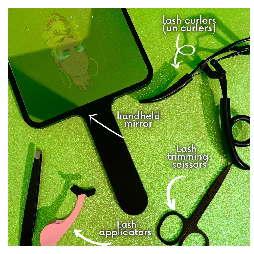  lash kit with mirror, lash curler, lash applicator, tweezers, lash scissors